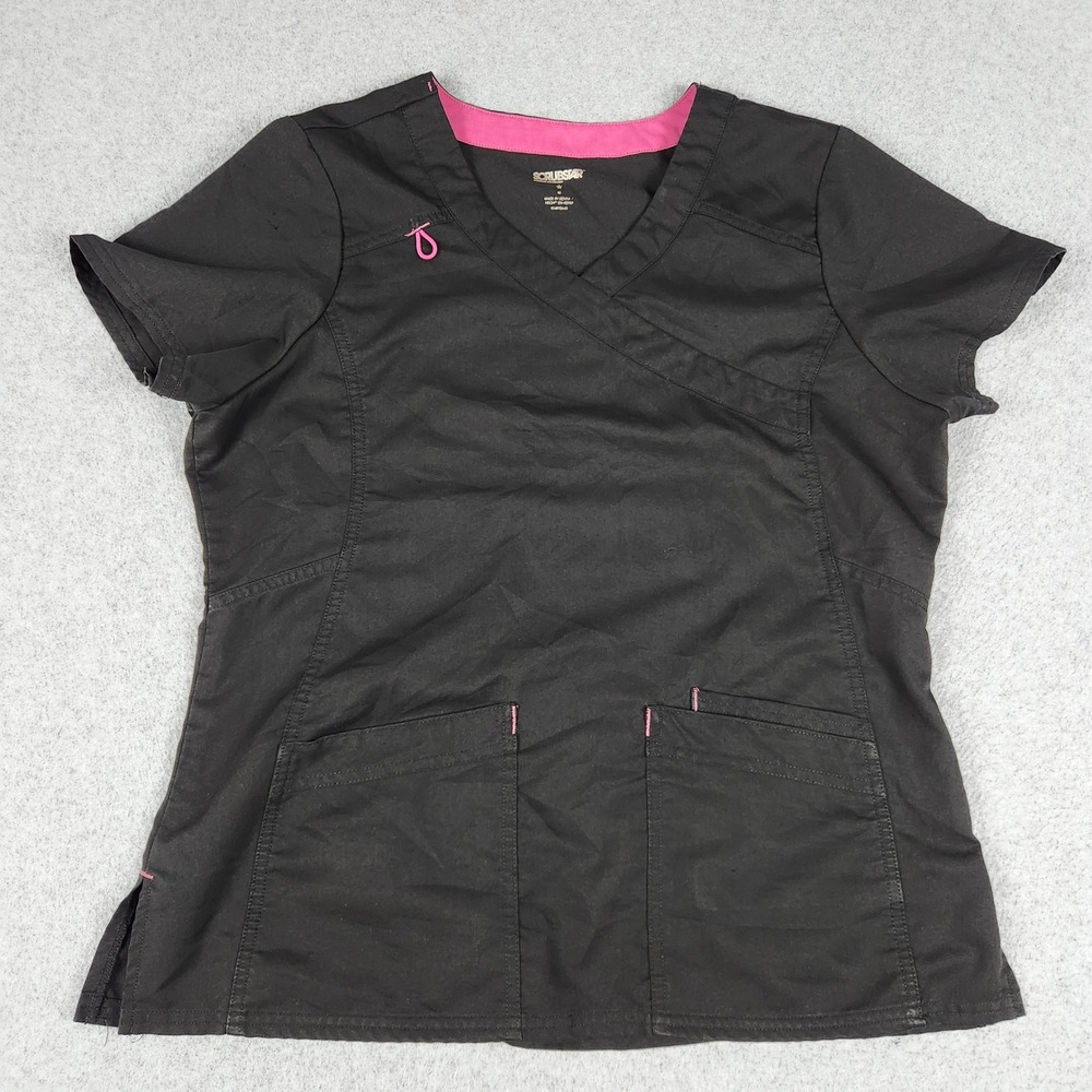 Scrubstar Premium Mock Wrap Scrub Top Womens Medium Black Stretch Medical V-Neck
